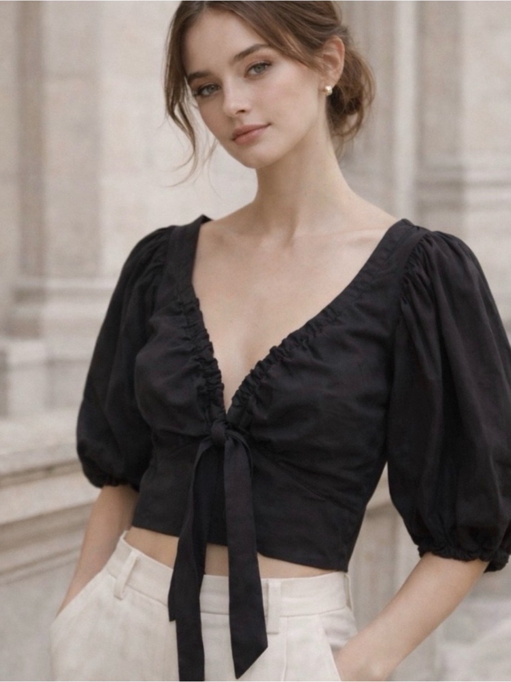 Abercrombie Women's Black Tie-Front Puff Sleeve Top